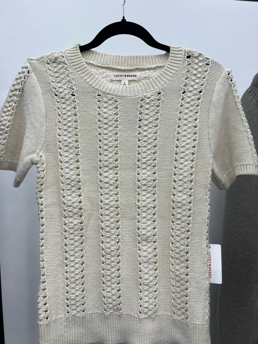 Lucky Brand Cream Openwork Short-Sleeve Knit Top